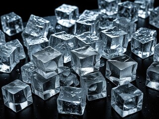 Crystal Clear Ice Cubes: A Sparkling Collection on Black Background - Perfect for Refreshment and Elegance