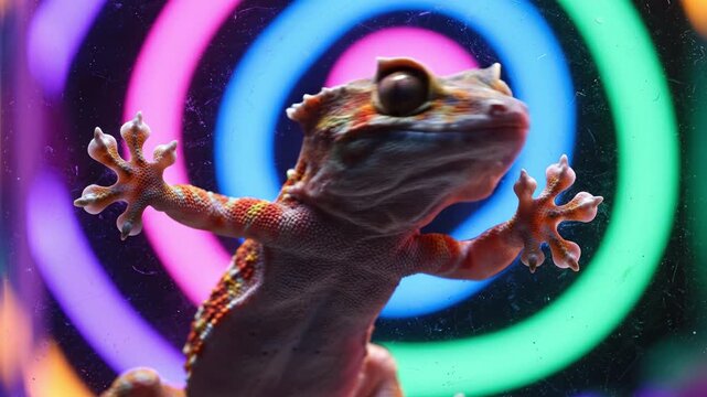 Colorful gecko reptile lizard climbing glass with vibrant neon circular lights and textured skin in dynamic close up animal wildlife shot showcasing detailed eyes and toes
