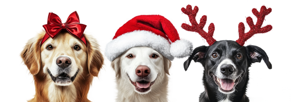 three dogs wearing  reindeer antlers and a santa's cap on its nose against a transparent background,