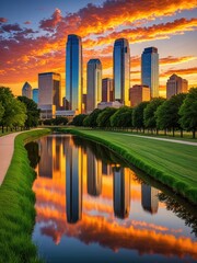Dallas Skyline Sunset Reflection: Vibrant Cityscape Over Water - Golden Hour Photography, Texas Travel, Urban Landscape