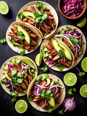 Delicious Carne Asada Tacos with Avocado, Cilantro & Red Onion - Authentic Mexican Street Food Photography
