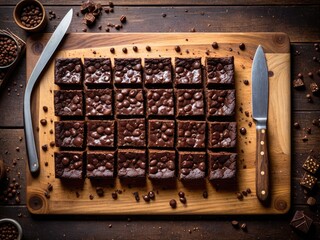 Decadent Homemade Chocolate Fudge Brownies: Moist Squares with Chocolate Chips on a Rustic Wooden Board ? Irresistible Dessert