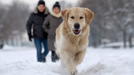 Golden retriever running in snow with couple walking in winter park