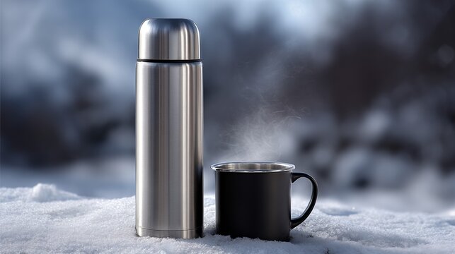 Stainless steel thermos and steaming metal mug on snow in winter mountains 