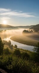 A serene landscape scene featuring a winding river flowing through lush green hills with morning mist and sunlight illuminating the sky and distant mountains