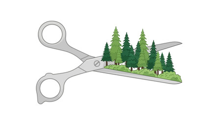 Conceptual artwork showing scissors severing a forest, symbolizing deforestation, habitat loss, and the urgent need for environmental conservation
