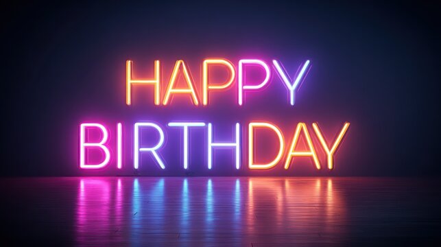"Happy Birthday" glows in vibrant neon pink and orange floating before a deep matte navy surface. A thin