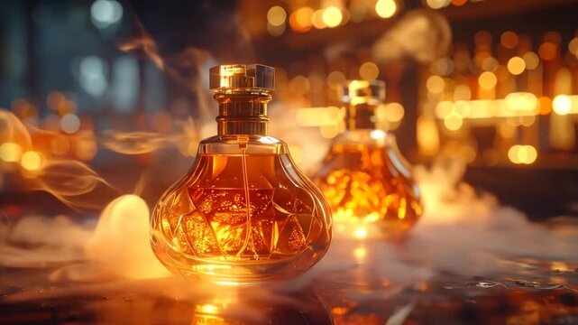 Mysterious Elixir Bottles Glowing with Warm Light and Smoke.