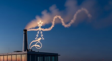 Whimsical holiday spirit with Christmas tree smoke plume rising from industrial chimney against a clear blue evening sky creating a unique festive scene