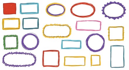 Colorful hand-drawn frames and shapes on a white background, varying sizes, outlines