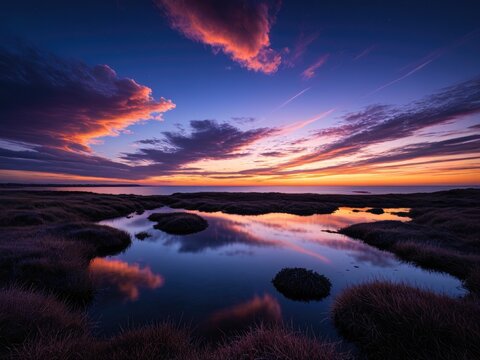 Dramatic Sunset Reflection: Coastal Landscape with Vibrant Sky and Serene Water - Nature Photography at its Finest - Powered by Adobe