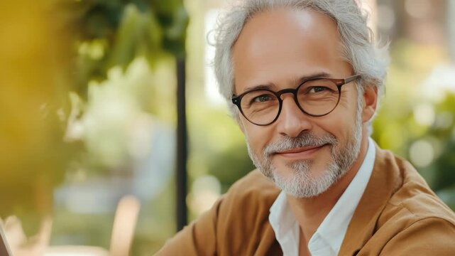 Grey haired gentleman relaxing outdoors, wearing glasses, and showing his teeth in a warm smile.