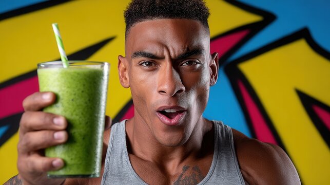 A young man enthusiastically holds a green smoothie in front of a vibrant, graffiti-style background, showcasing health and energy.
