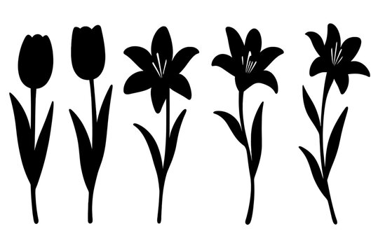 Black silhouette designs of various flowers suitable for crafting and decorating