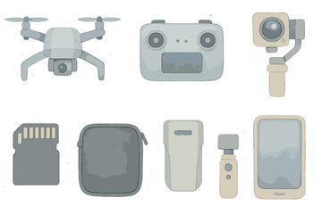 Collection of modern gadgets including a drone, controller, and smartphone in a minimalist style