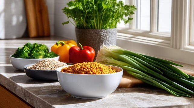 A vibrant display of fresh vegetables and grains on a kitchen counter, showcasing healthy ingredients for cooking and meal preparation. - Powered by Adobe