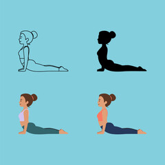 Fototapeta premium Woman doing cobra pose yoga in various styles on blue background
