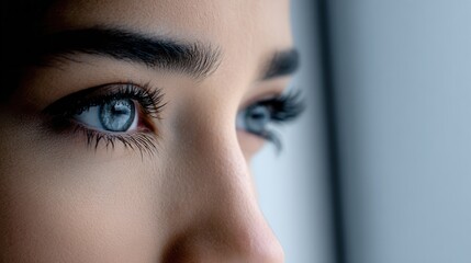 A close-up view of a woman's eye showcasing her striking blue iris and long eyelashes. The image conveys a sense of beauty and introspection.
