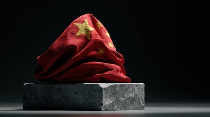 The China flag folded neatly into a triangular shape rests on polished granite, illuminated by soft directional light.