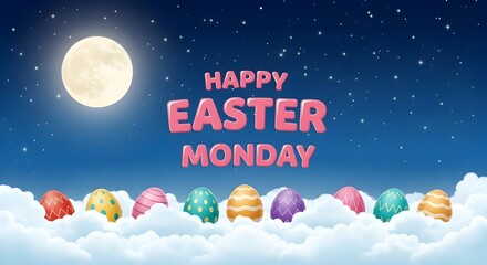 Happy easter monday illustration with pastel eggs and a bright moonlit night