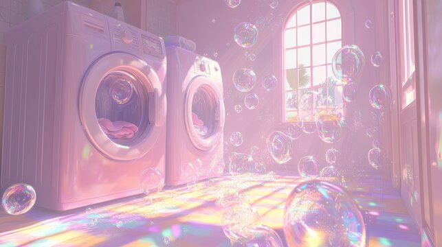 Soft pastel laundry room with washing machines and floating bubbles in bright airy space filled with sunlight