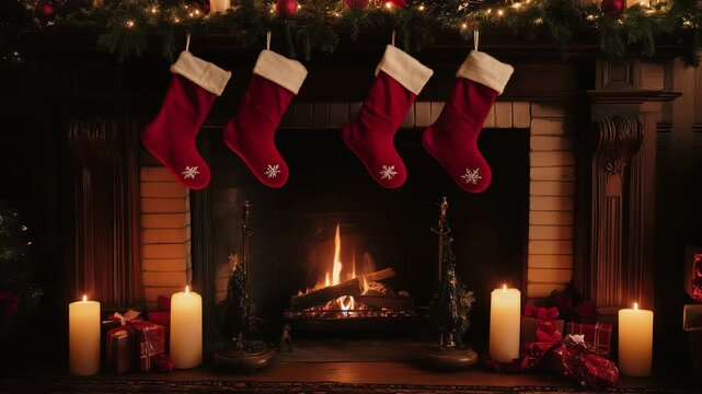 Warm fireplace presents a cozy holiday atmosphere with red stockings hanging and candles glowing amidst festive decorations