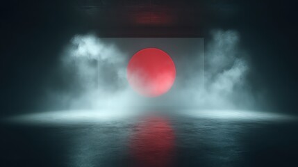 The Japan flag illuminated within swirling mist, spotlight piercing haze to enhance glowing circle. Shadows form subtly across