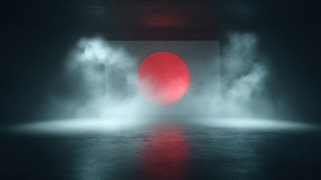 The Japan flag illuminated within swirling mist, spotlight piercing haze to enhance glowing circle. Shadows form subtly across