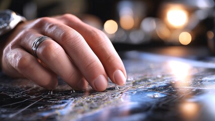 Hand placing metallic pin on map for marking location, demonstrating business strategy, logistic planning, travel route, or military operation tactical movement