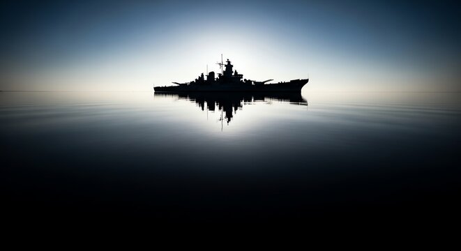 Ship silhouette on calm water at sunrise