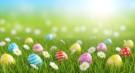 Easter eggs in a field of grass with daisy flowers and sunlight