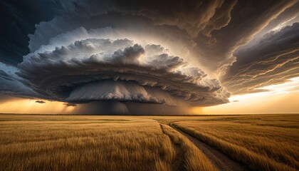 Dramatic Supercell Thunderstorm Over Golden Wheat Field at Sunset - Powerful Weather Phenomenon, Storm Chasing, Natural Disaster