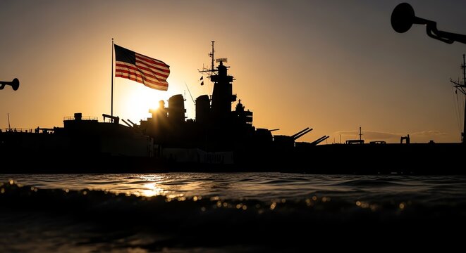 USS battleship silhouette at sunset with American flag