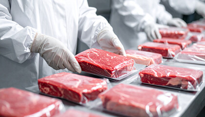 Hands of a meat factory worker gathering packed meat with plastic for further packaging
