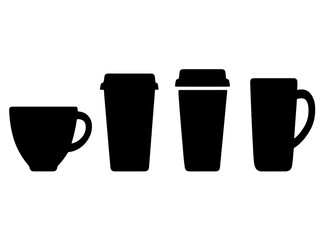 Different types of coffee cups and mugs in simple black silhouettes on a white background