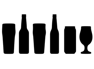 Different types of beverage containers lined up in a row in a simple black silhouette style