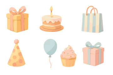 Colorful party supplies featuring gifts, a cake, balloons, and a festive hat in a cheerful setting for celebrations