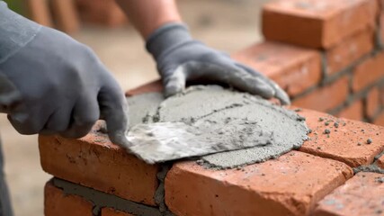 Skilled hands meticulously lay bricks with wet cement, constructing a sturdy wall, showcasing dedication and craftsmanship in construction work.