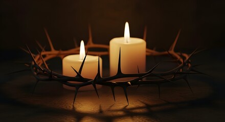 Crown of thorns and two candles symbolizing lent season on dark background
