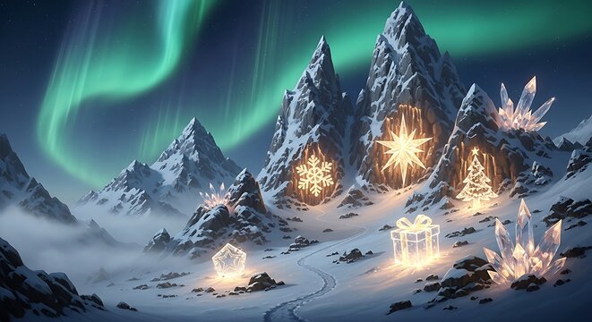 Magical winter wonderland with snow capped mountains and glowing Christmas symbols under the aurora borealis, perfect for holiday promotions
