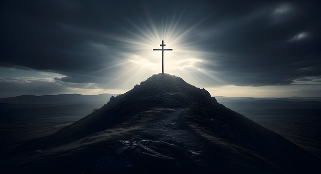 A cross on a hill illuminated by bright light shining through dark clouds