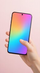 Ultra-Realistic Color-Gradient Display Smartphone Held in Hand as Premium Mockup on Soft Pastel Background