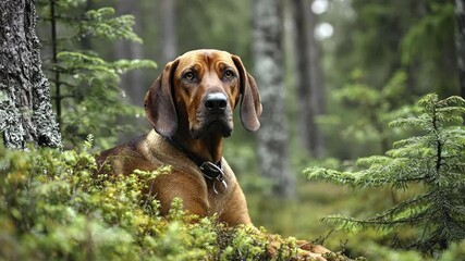 A brown dog with a dark collar lies calmly in a lush, green forest, surrounded by moss and evergreen plants. Its attentive gaze suggests loyalty and peace, ideal for pet or nature themes.