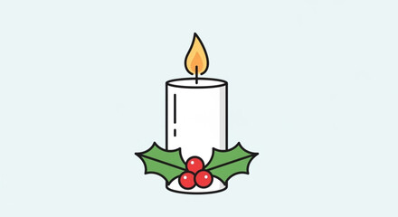 Warm glowing candle with festive holly berries and leaves brings cozy holiday spirit and seasonal cheer to any winter celebration or greeting card design