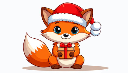 Festive Fox Cub with Gift - Holiday Animal Vector Illustration