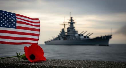 American flag battleship and poppy remembrance