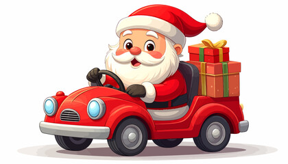 Santa Claus Driving a Car Full of Gifts, Christmas Holiday Vector Illustration