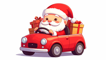 Santa Claus Driving a Red Car with Gifts Festive Holiday Cartoon