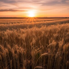 Golden wheat field at sunset with vibrant sky and horizon, capturing the peaceful and expansive rural landscape during the evening hours