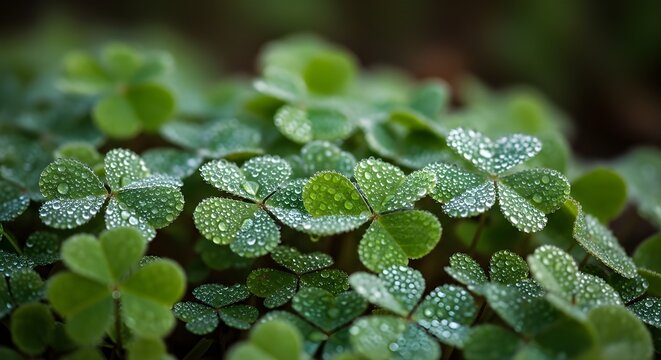 Closeup of vibrant green clover leaves covered in glistening water droplets